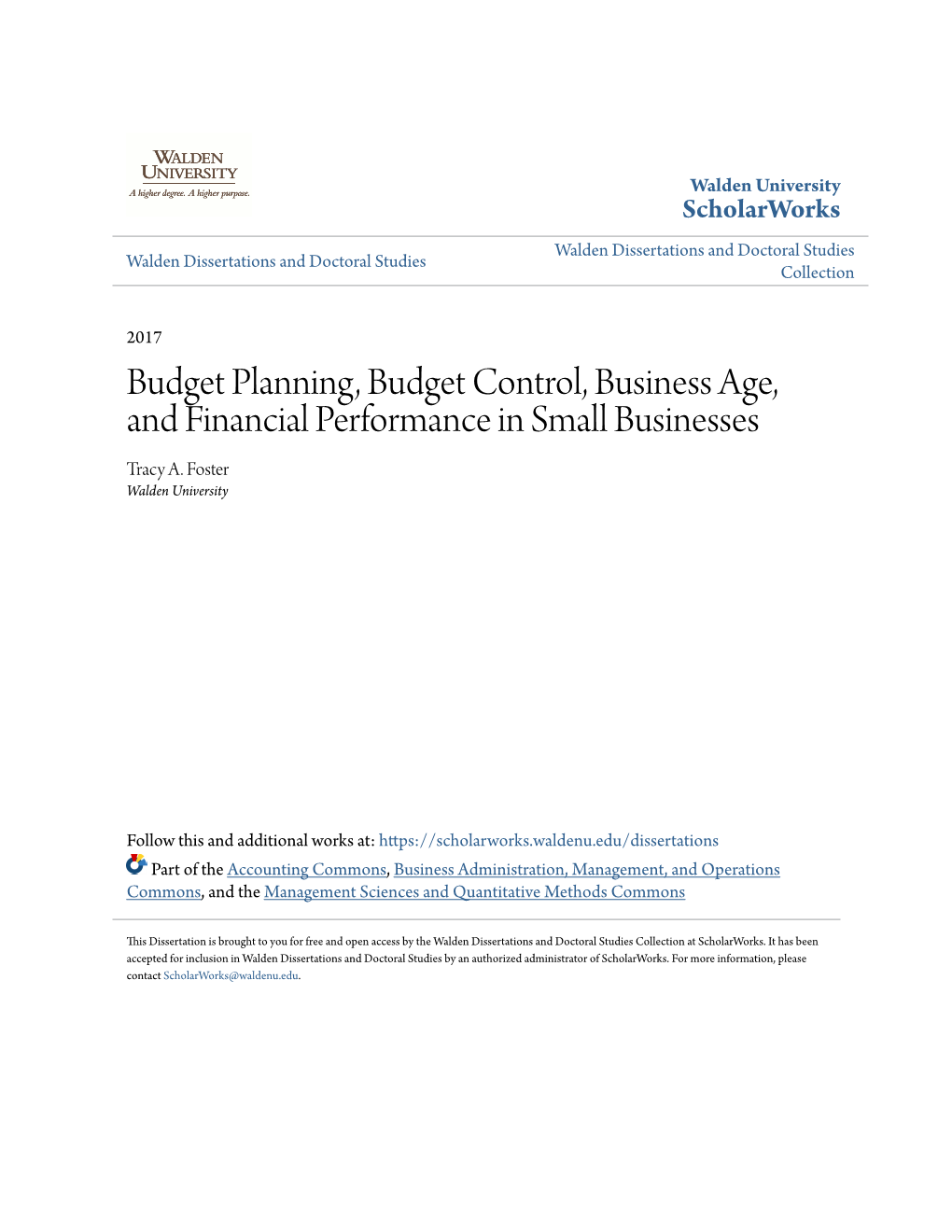 Budget Planning, Budget Control, Business Age, and Financial Performance in Small Businesses Tracy A