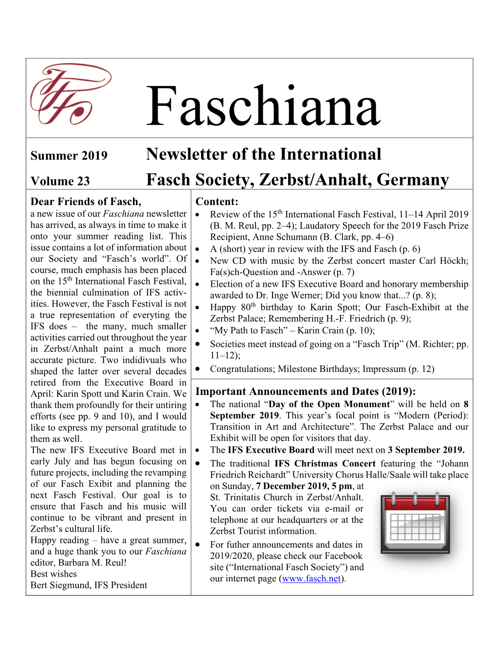 Newsletter of the International Fasch Society, Zerbst/Anhalt, Germany