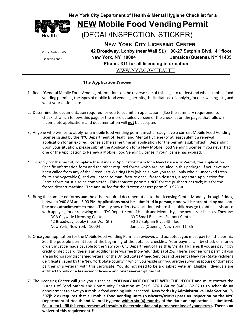 New York City Department of Health Checklist for A