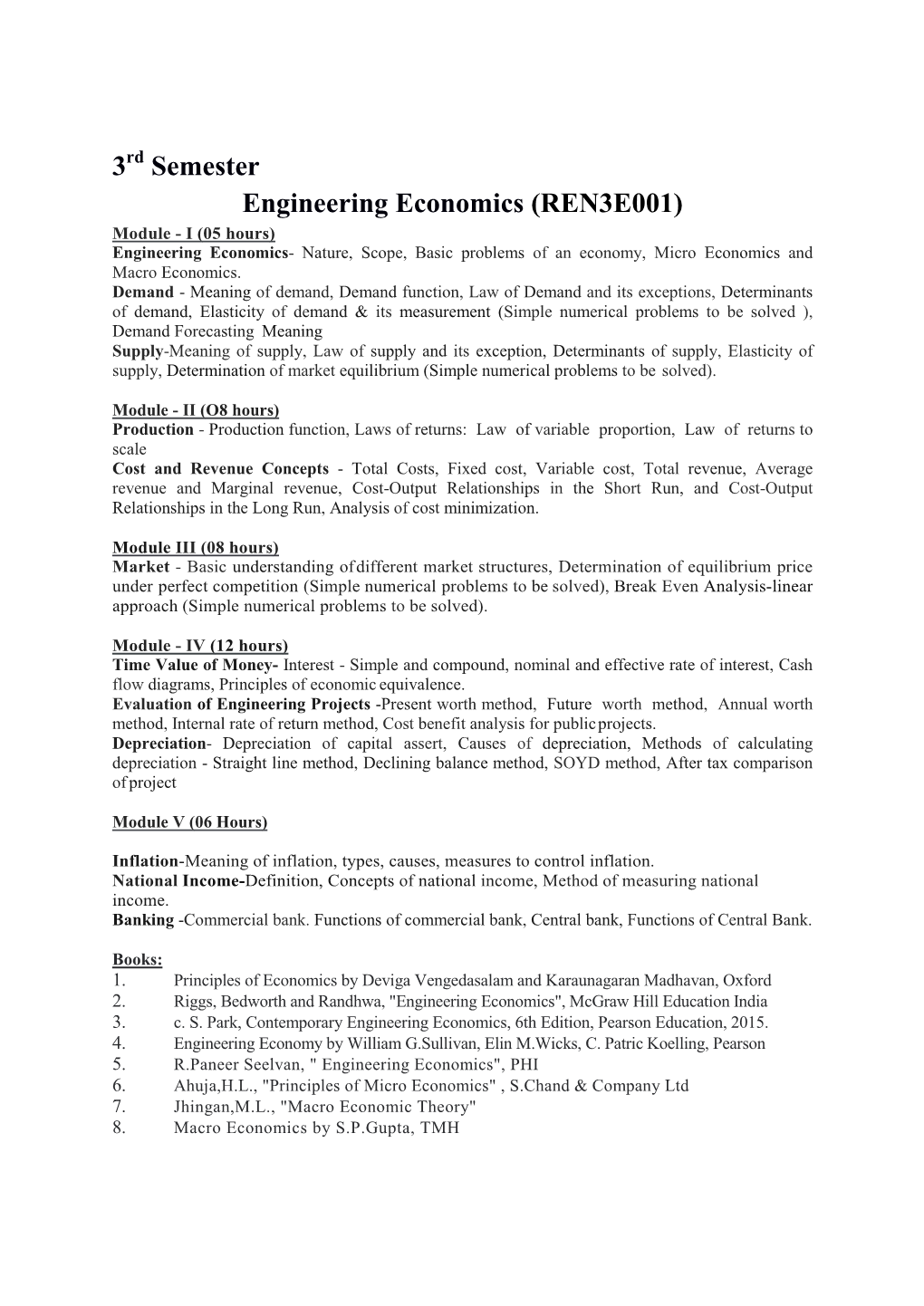 3 Semester Engineering Economics (REN3E001)