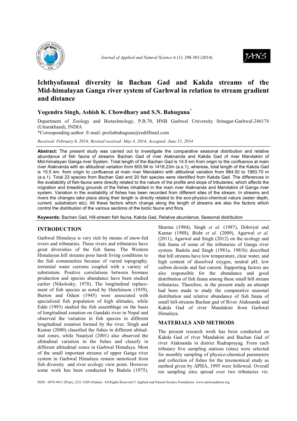 Ichthyofaunal Diversity in Bachan Gad and Kakda Streams of the Mid-Himalayan Ganga River System of Garhwal in Relation to Stream Gradient and Distance