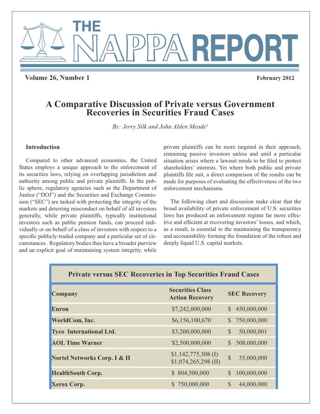 A Comparative Discussion of Private Versus Government Recoveries in Securities Fraud Cases By: Jerry Silk and John Alden Meade1