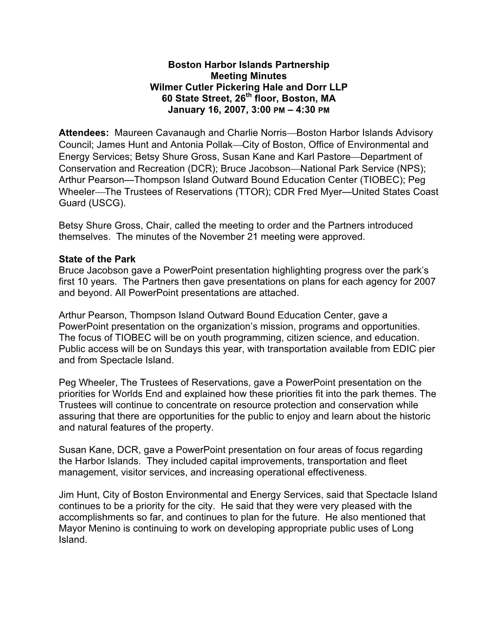 Boston Harbor Islands Partnership Meeting Minutes Wilmer Cutler