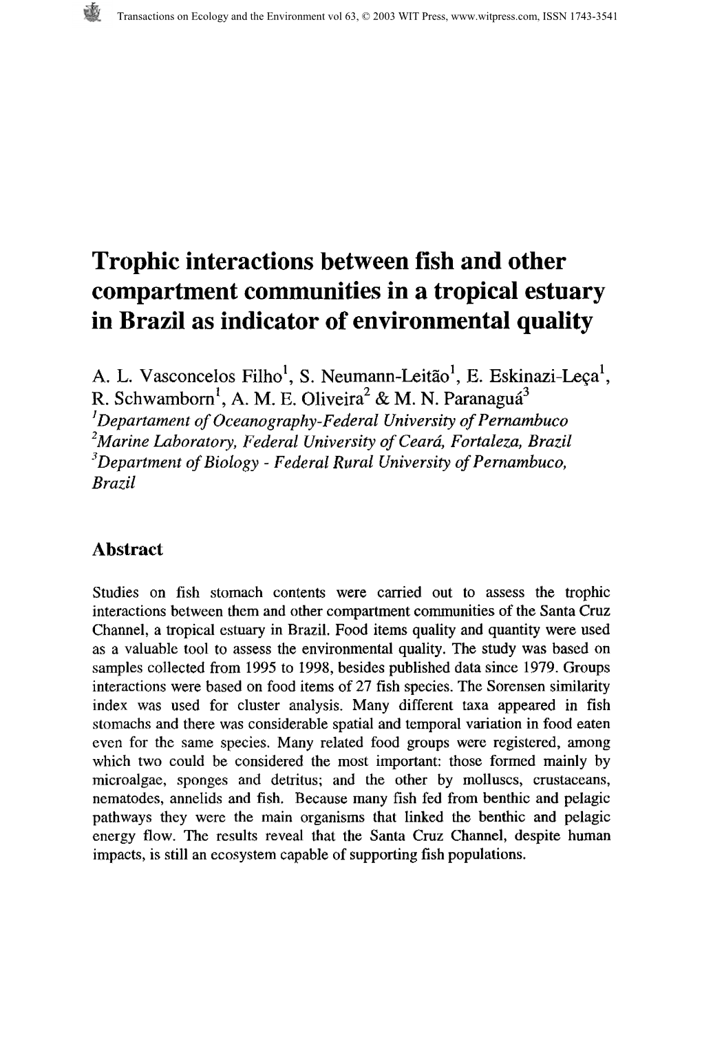 Trophic Interactions Between Fish and Other Compartment Communities in a Tropical Estuary in Brazil As Indicator of Environmental Quality