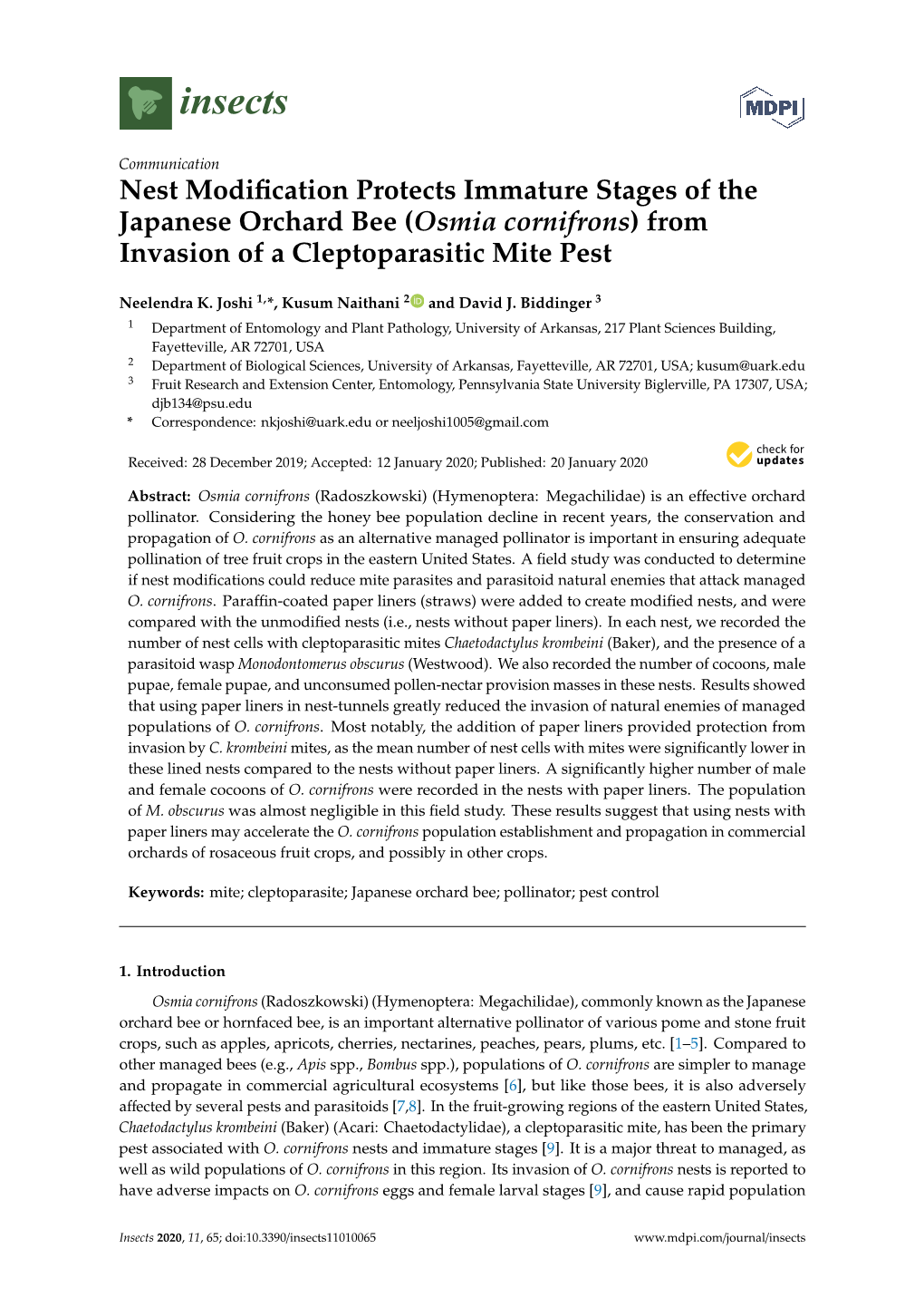 Osmia Cornifrons) from Invasion of a Cleptoparasitic Mite Pest