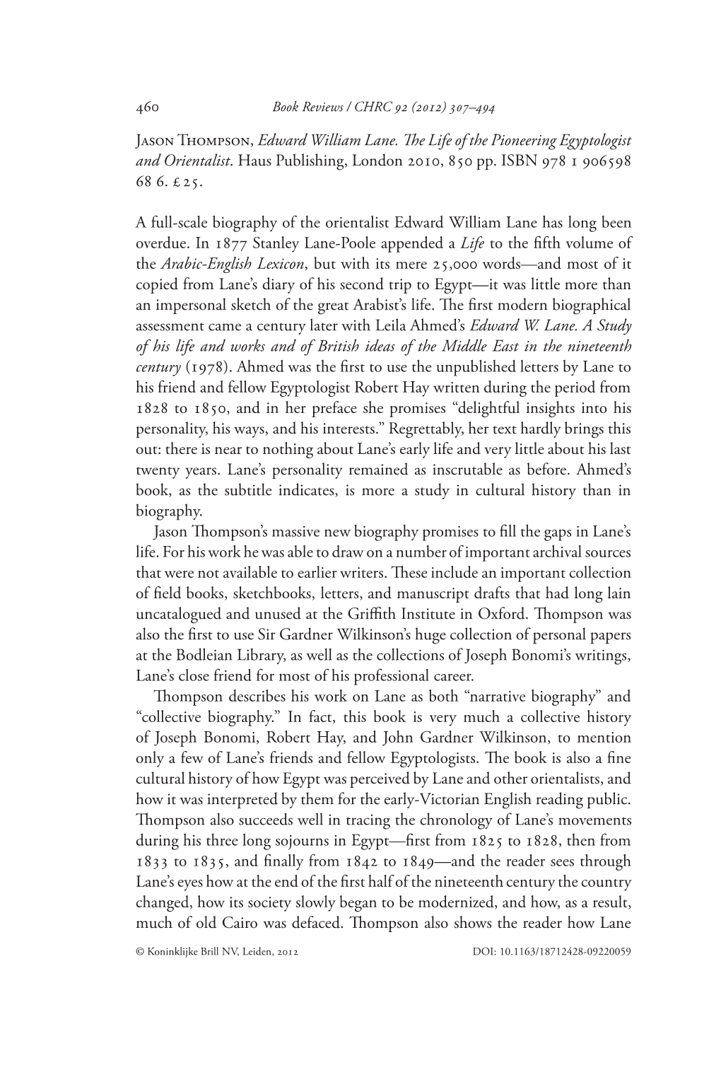 Jason Thompson, Edward William Lane. the Life of the Pioneering Egyptologist and Orientalist