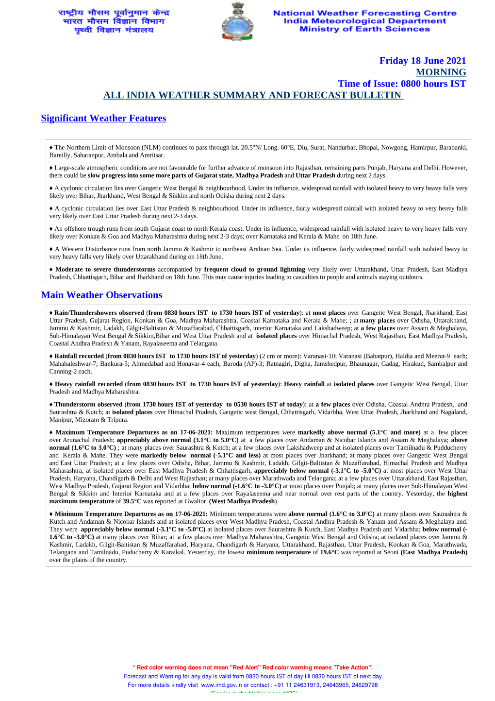 Friday 18 June 2021 MORNING Time of Issue: 0800 Hours IST ALL INDIA WEATHER SUMMARY and FORECAST BULLETIN