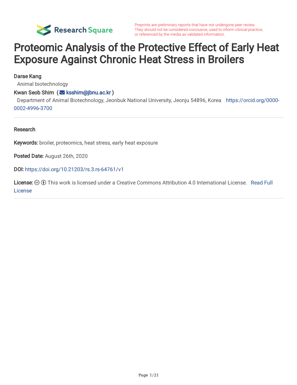 Proteomic Analysis of the Protective Effect of Early Heat Exposure Against Chronic Heat Stress in Broilers