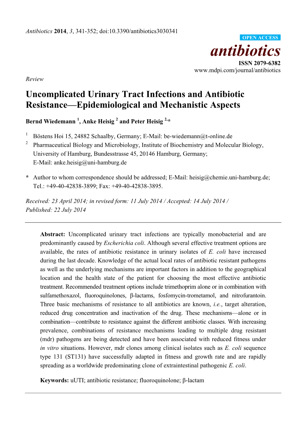 Uncomplicated Urinary Tract Infections and Antibiotic Resistance—Epidemiological and Mechanistic Aspects
