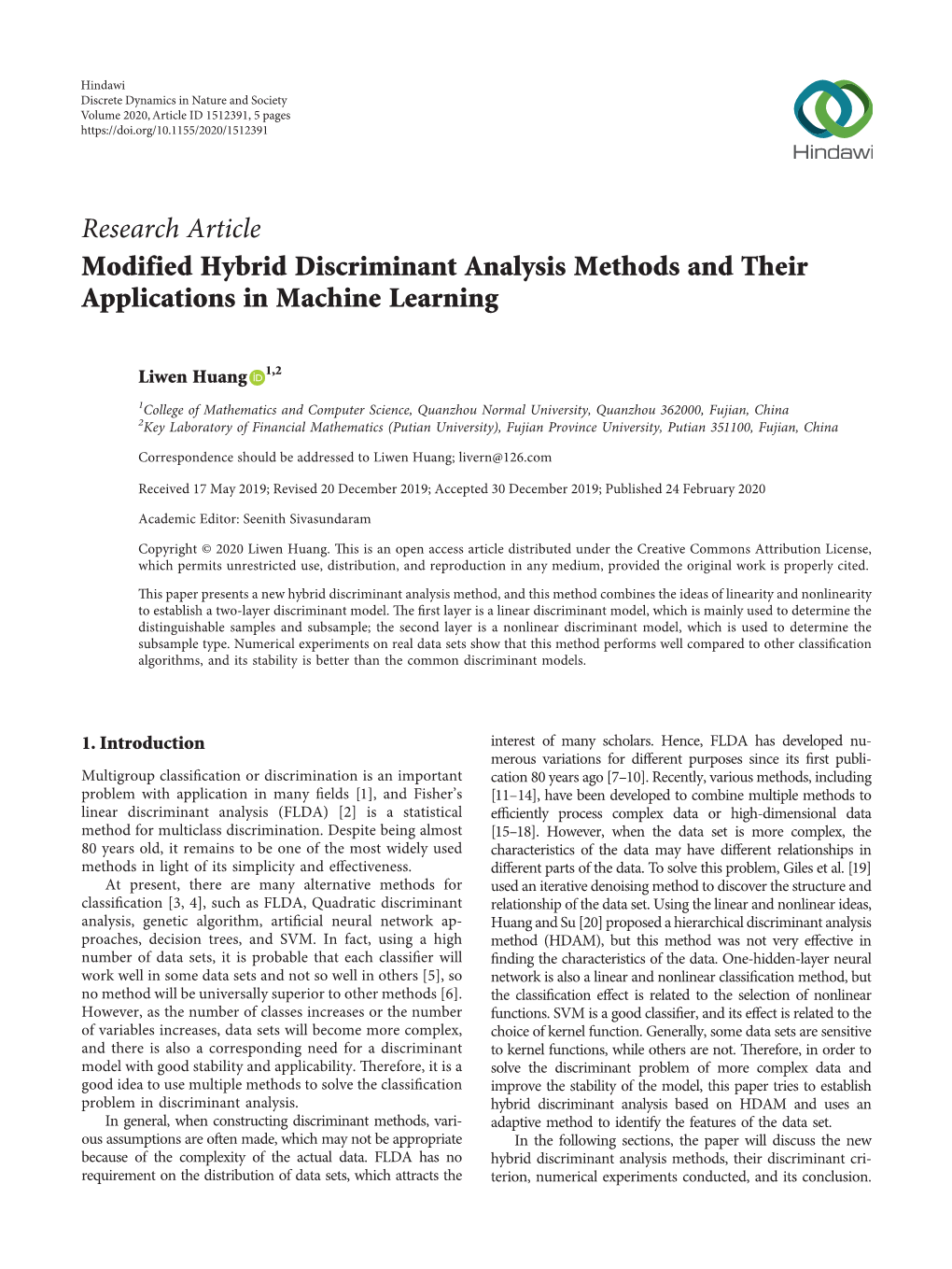 Modified Hybrid Discriminant Analysis Methods and Their Applications in Machine Learning