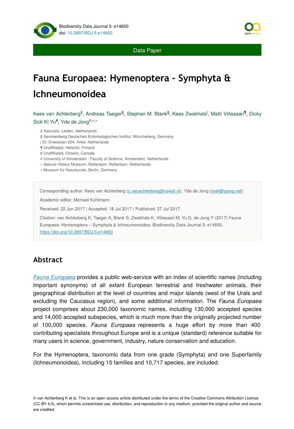 Fauna Europaea: Hymenoptera – Symphyta & Ichneumonoidea 3