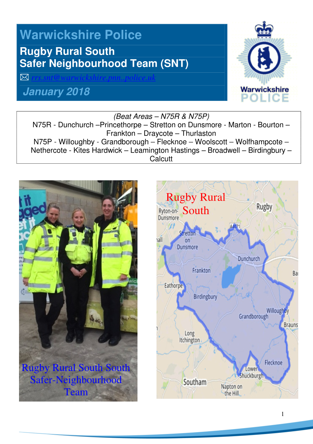 Warwickshire Police Rugby Rural South Safer Neighbourhood Team (SNT)  Rrs.Snt@Warwickshire.Pnn..Police.Uk January 2018