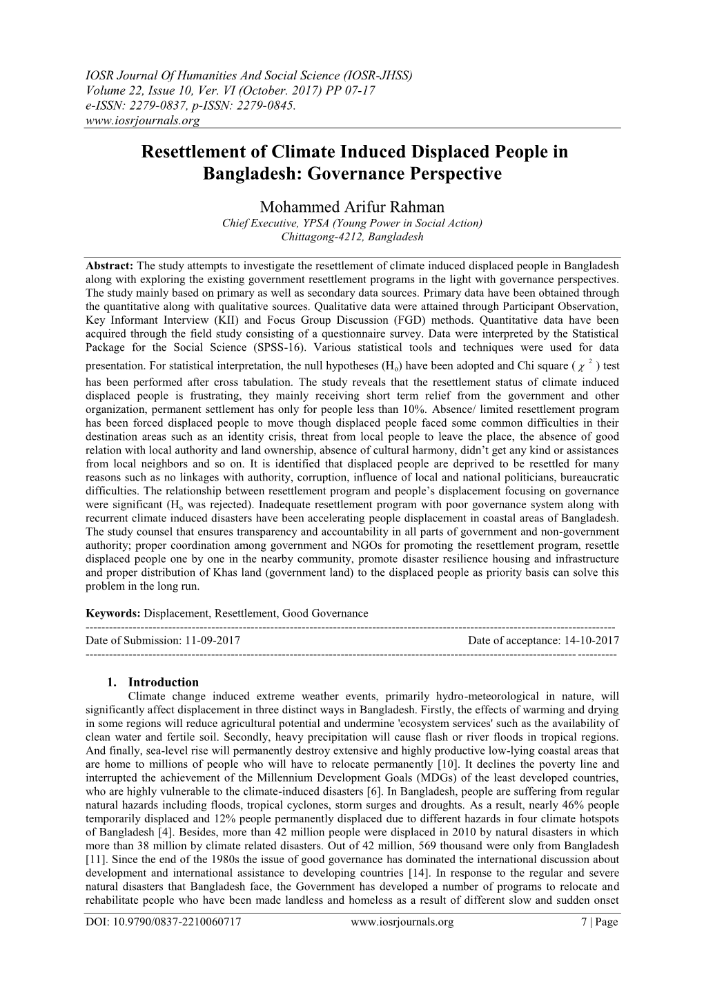 Resettlement of Climate Induced Displaced People in Bangladesh: Governance Perspective