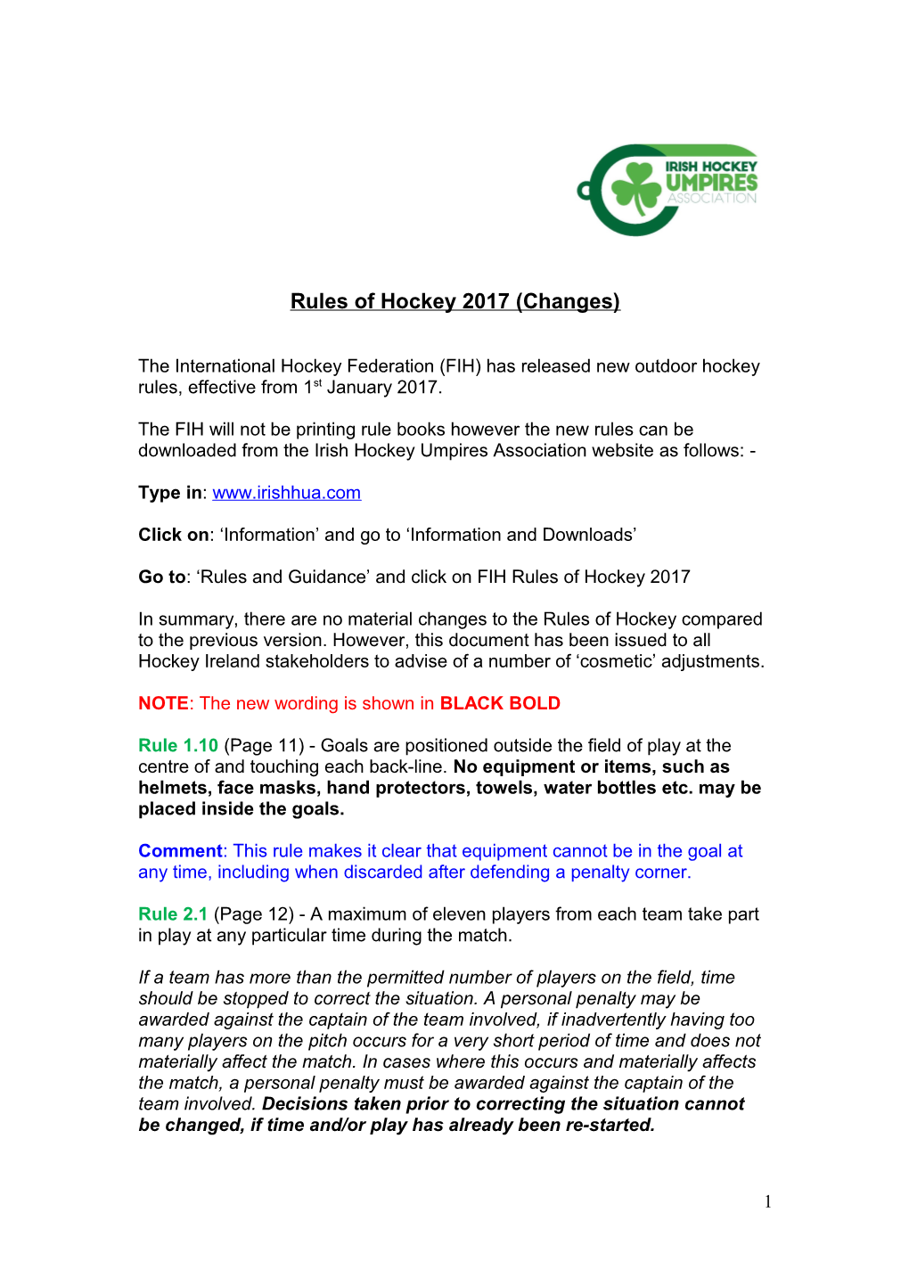 Rule Changes from 01 01 2017