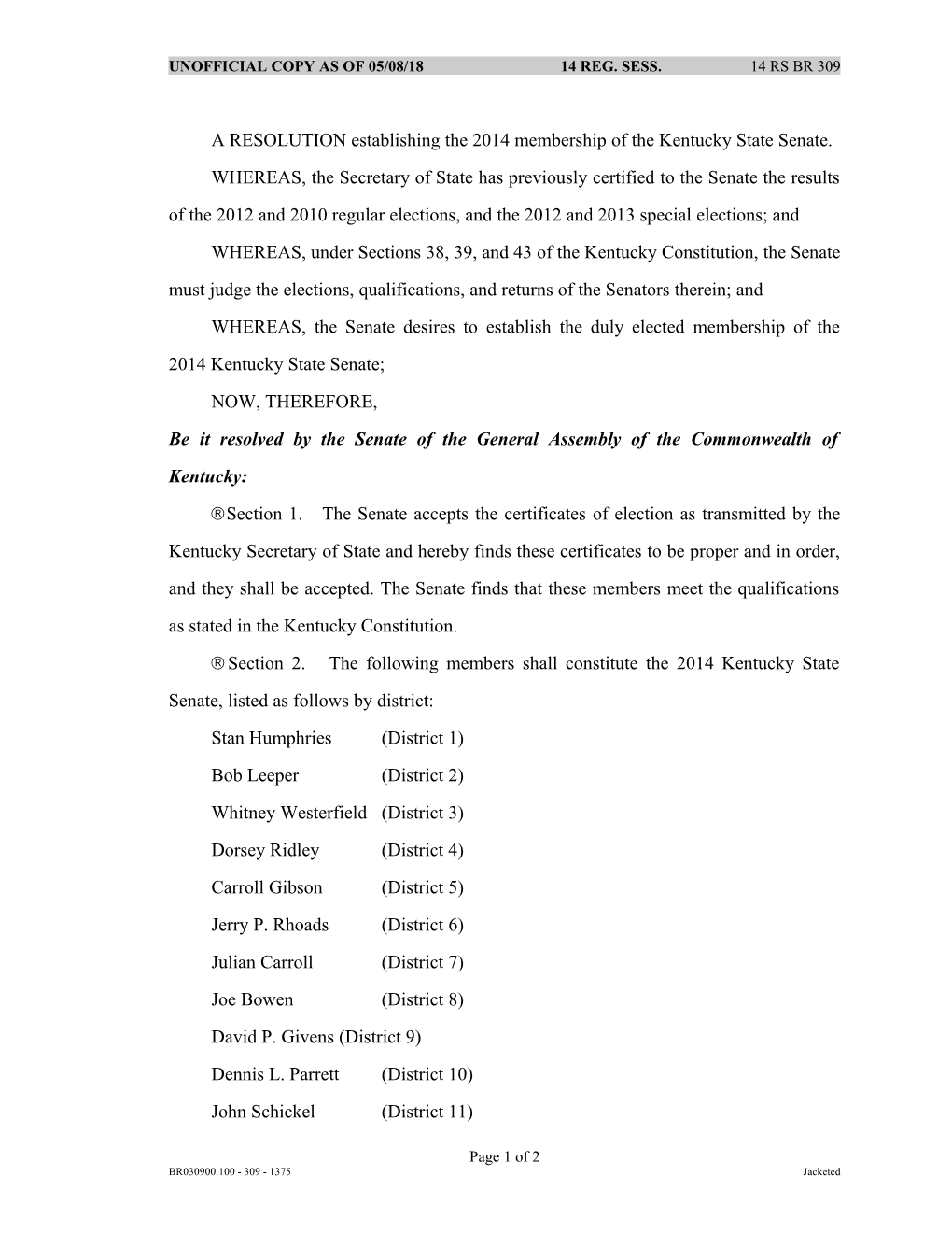 A RESOLUTION Establishing the 2014 Membership of the Kentucky State Senate