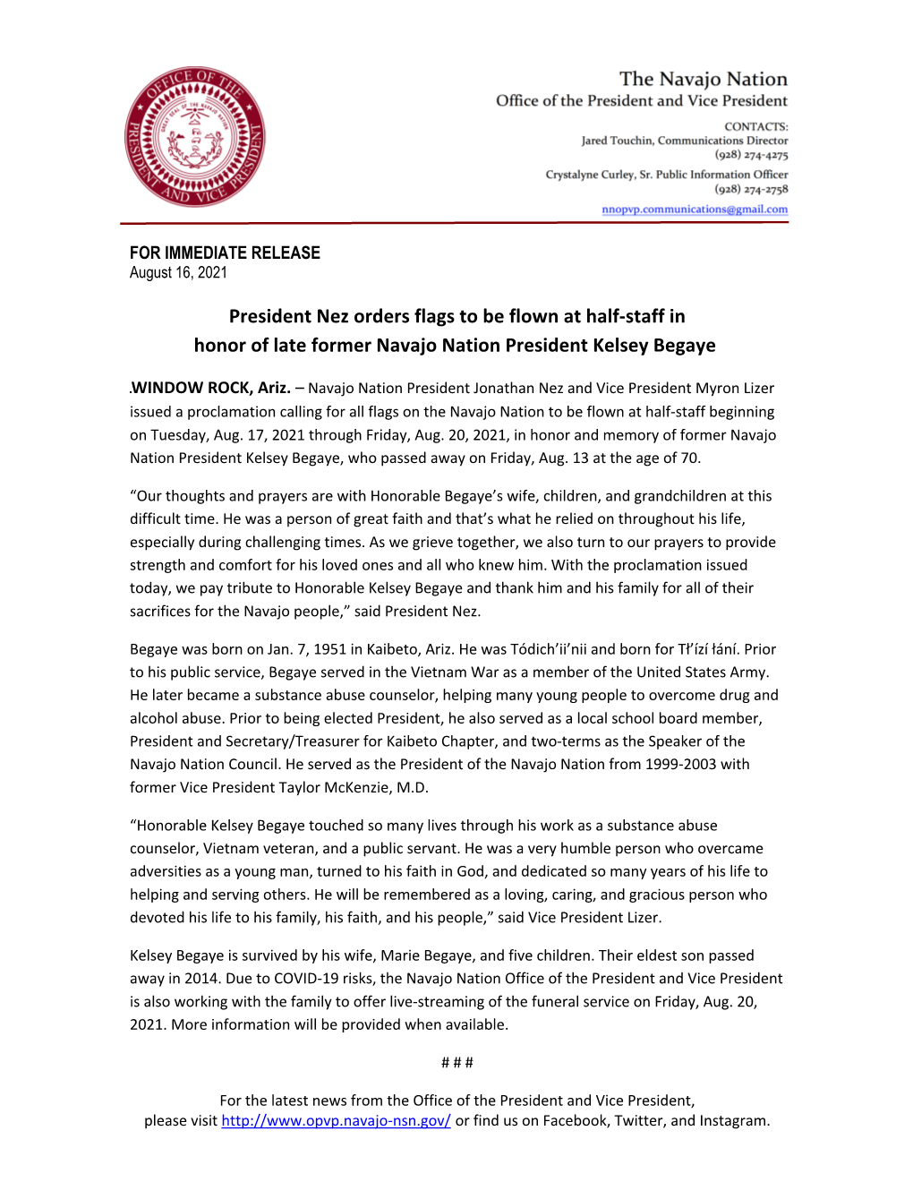 President Nez Orders Flags to Be Flown at Half-Staff in Honor of Late Former Navajo Nation President Kelsey Begaye