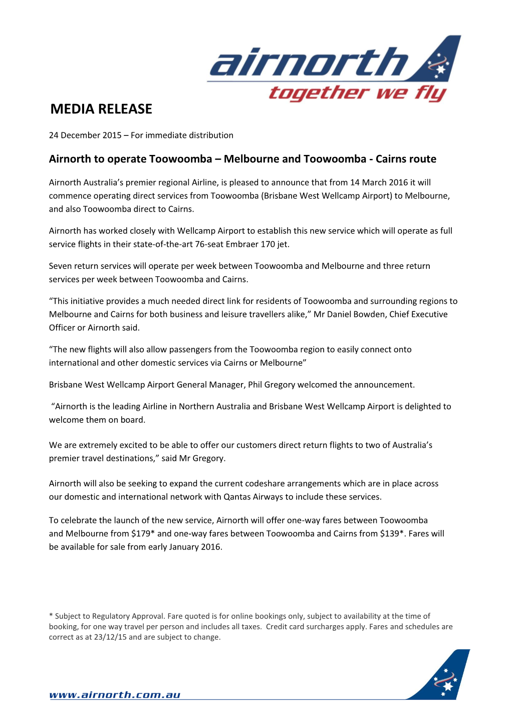 Media Release – Airnorth to Operate Toowoomba-Melbourne-Cairns