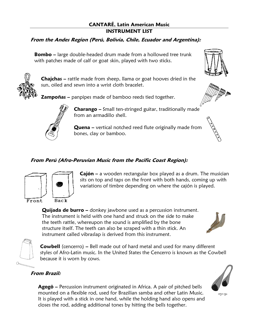 CANTARÉ, Latin American Music INSTRUMENT LIST from the Andes Region (Perú, Bolivia, Chile, Ecuador and Argentina)