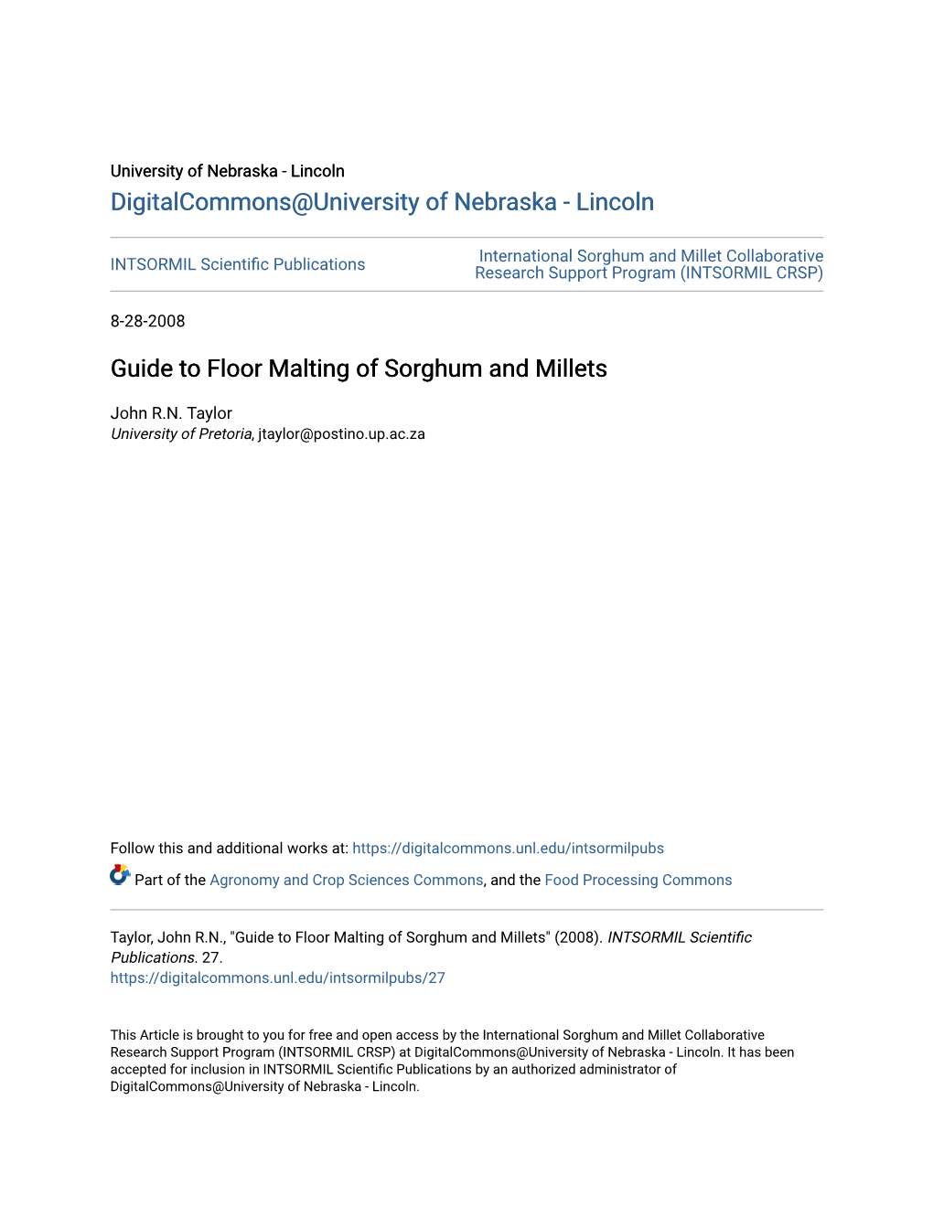 Guide to Floor Malting of Sorghum and Millets