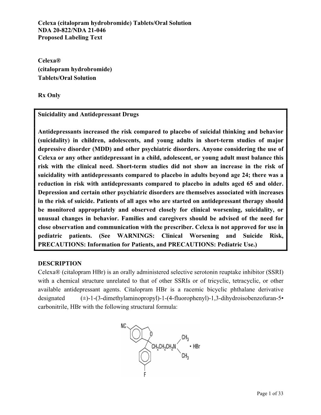 Celexa (Citalopram Hydrobromide) Tablets/Oral Solution NDA 20-822/NDA 21-046 Proposed Labeling Text