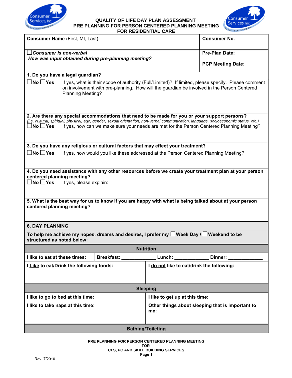 Name: Pre Planning for Person Centered Planning Meeting