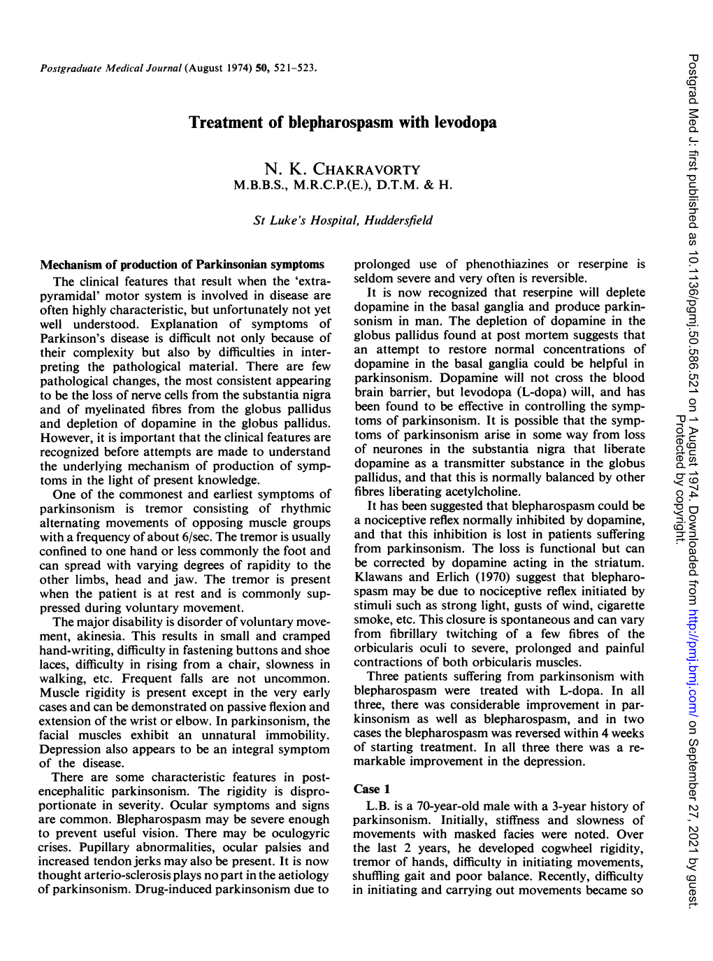 Treatment of Blepharospasm with Levodopa N. K. CHAKRAVORTY