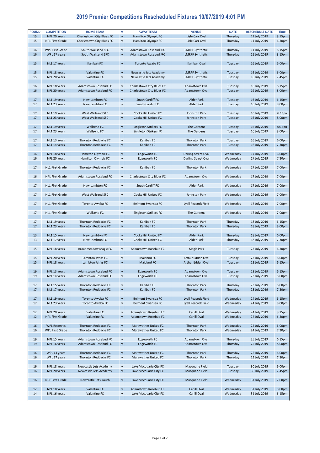 2019 Premier Competitions Rescheduled Fixtures 10/07/2019 4:01 PM