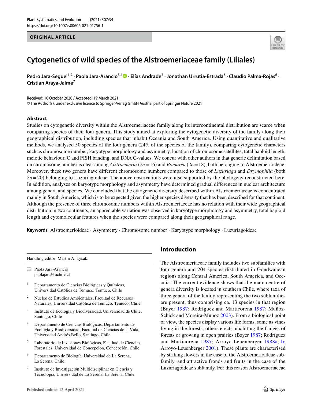 Cytogenetics of Wild Species of the Alstroemeriaceae Family (Liliales)