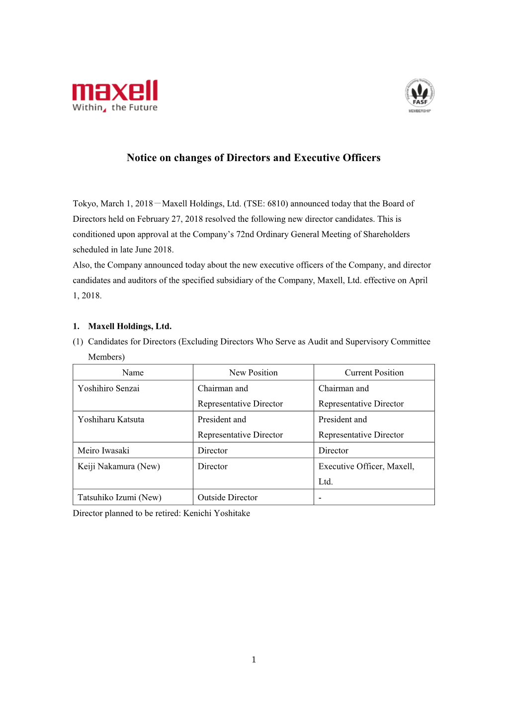 Notice on Changes of Directors and Executive Officers