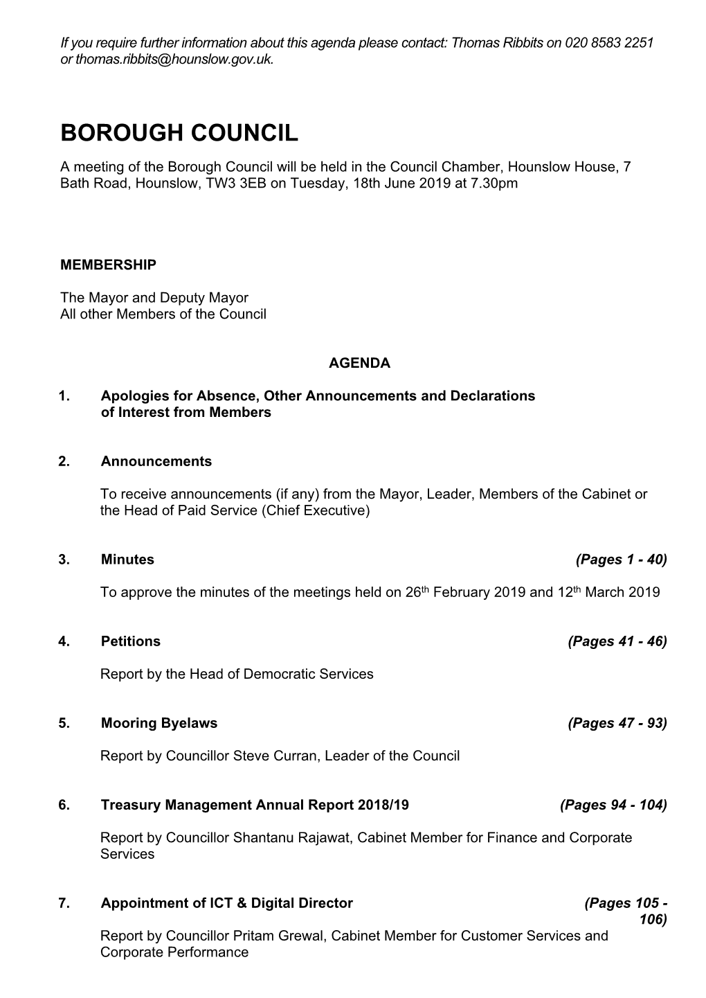 (Public Pack)Agenda Document for Borough Council, 18/06/2019 19:30