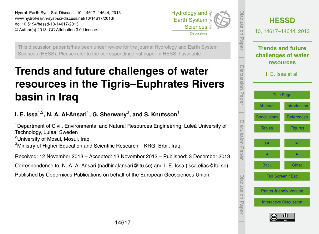 Trends and Future Challenges of Water Resources in the Tigris