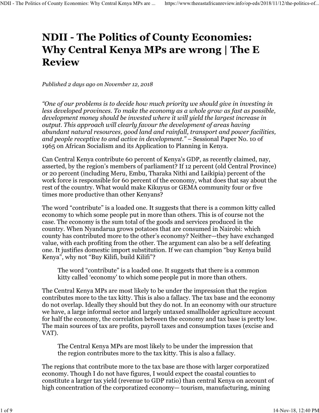 NDII - the Politics of County Economies: Why Central Kenya Mps Are