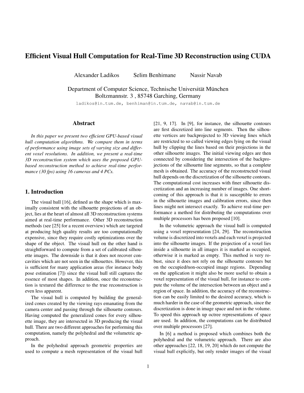 Efficient Visual Hull Computation for Real-Time 3D Reconstruction Using