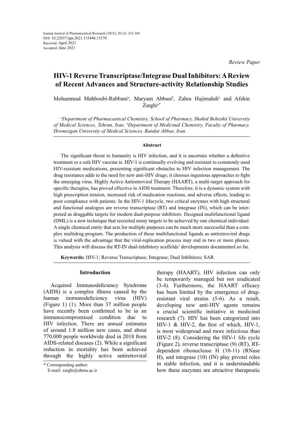 HIV-1 Reverse Transcriptase/Integrase Dual Inhibitors: a Review of Recent Advances and Structure-Activity Relationship Studies