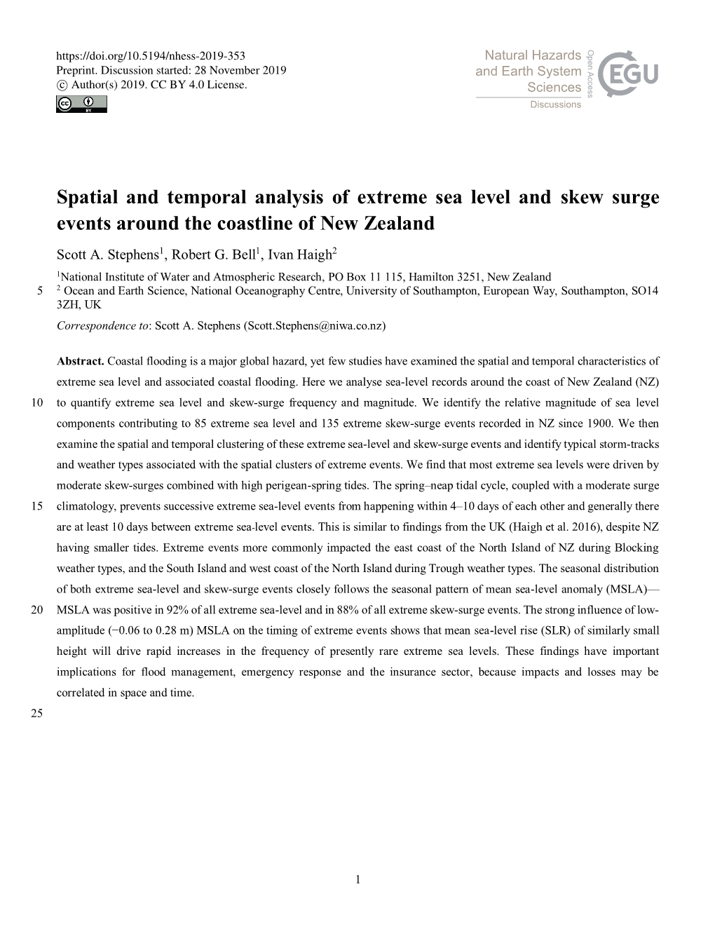 Spatial and Temporal Analysis of Extreme Sea Level and Skew Surge Events Around the Coastline of New Zealand Scott A