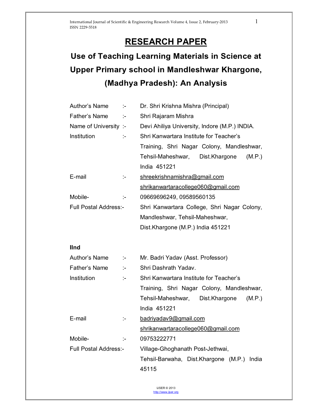 Use of Teaching Learning Materials in Science at Upper Primary School in Mandleshwar Khargone, (Madhya Pradesh): an Analysis