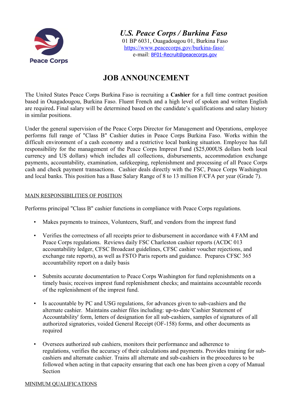 The United States Peace Corps Burkina Faso Is Recruiting for the Following Short-Term Contractor