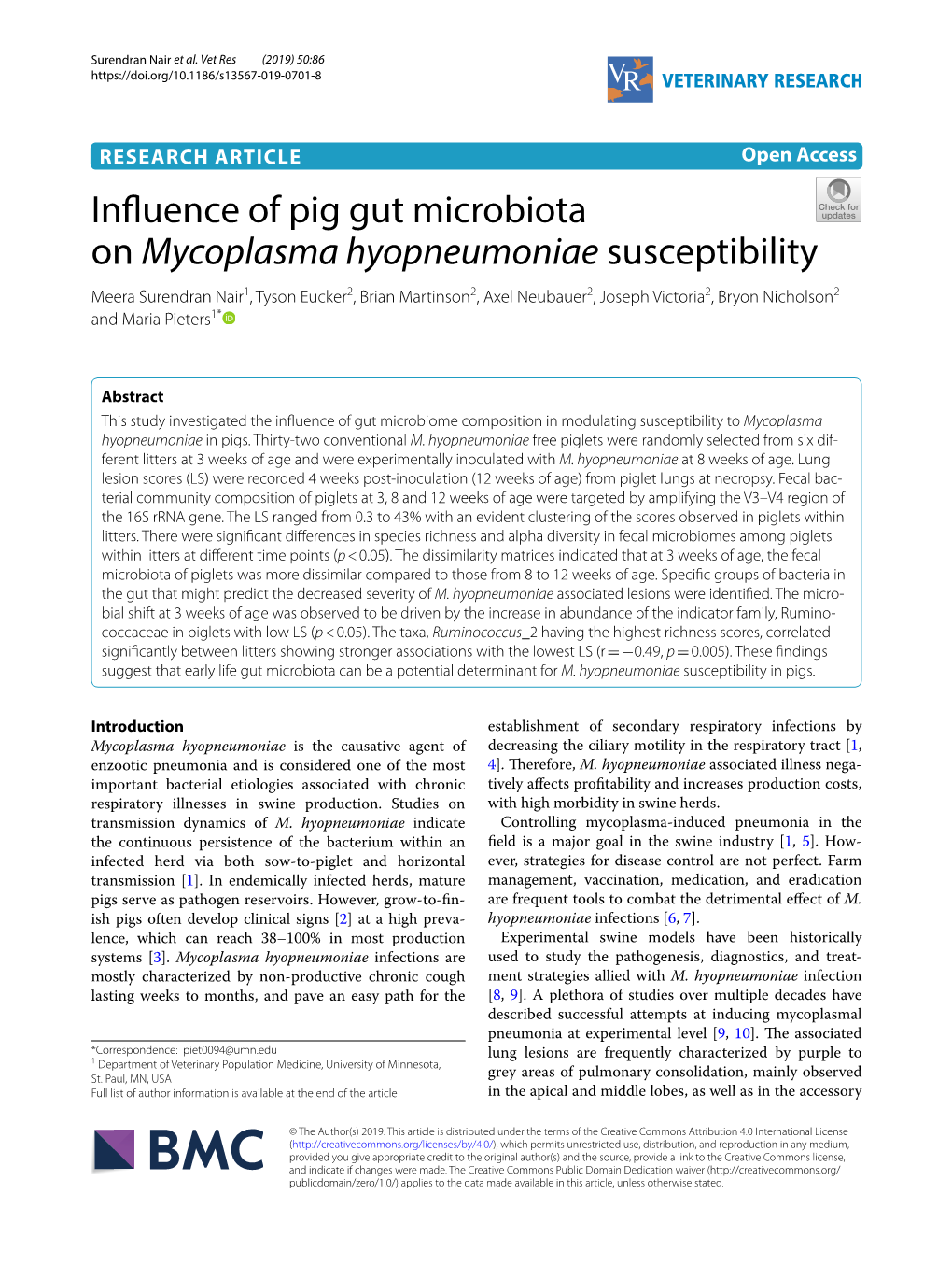 Influence of Pig Gut Microbiota on Mycoplasma Hyopneumoniae Susceptibility