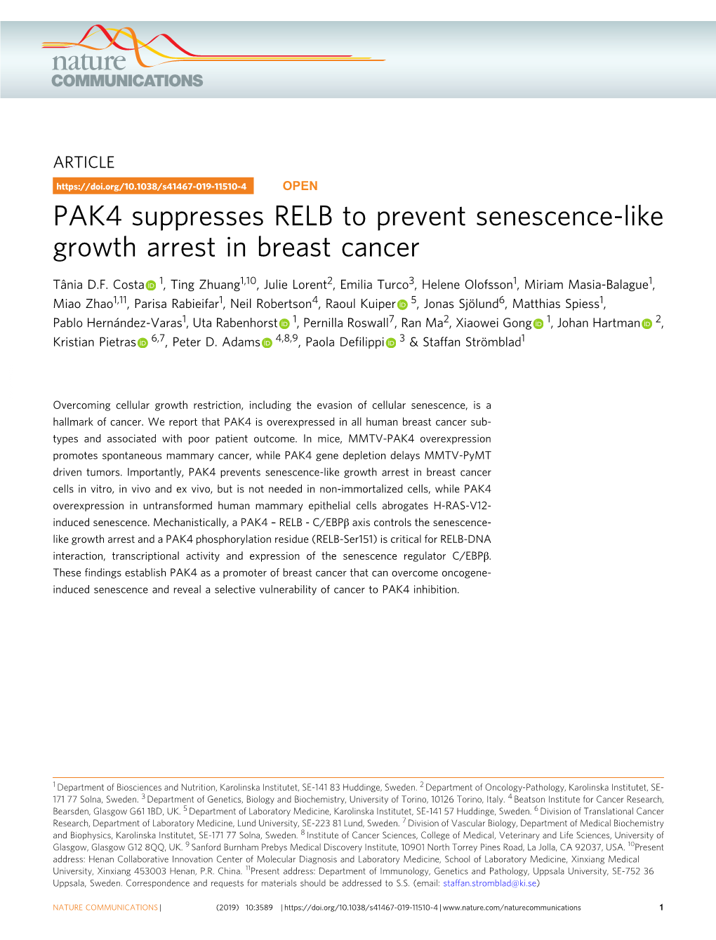 PAK4 Suppresses RELB to Prevent Senescence-Like Growth Arrest in Breast Cancer