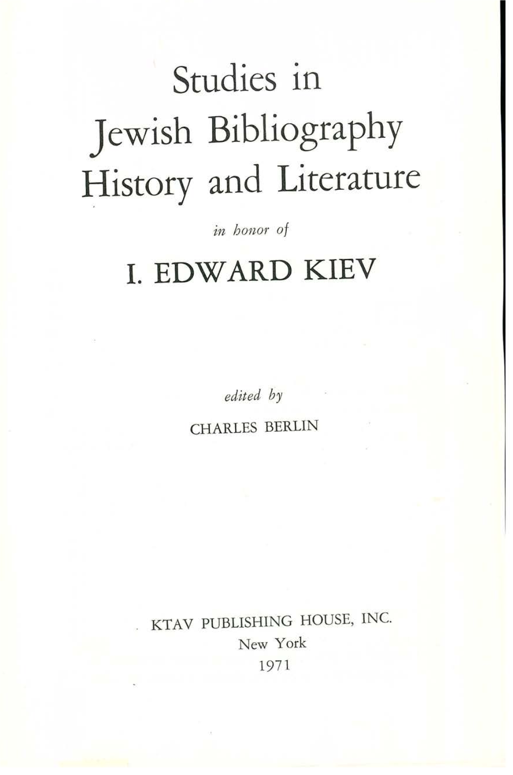 Studies in Jewish Bibliography History and Literature