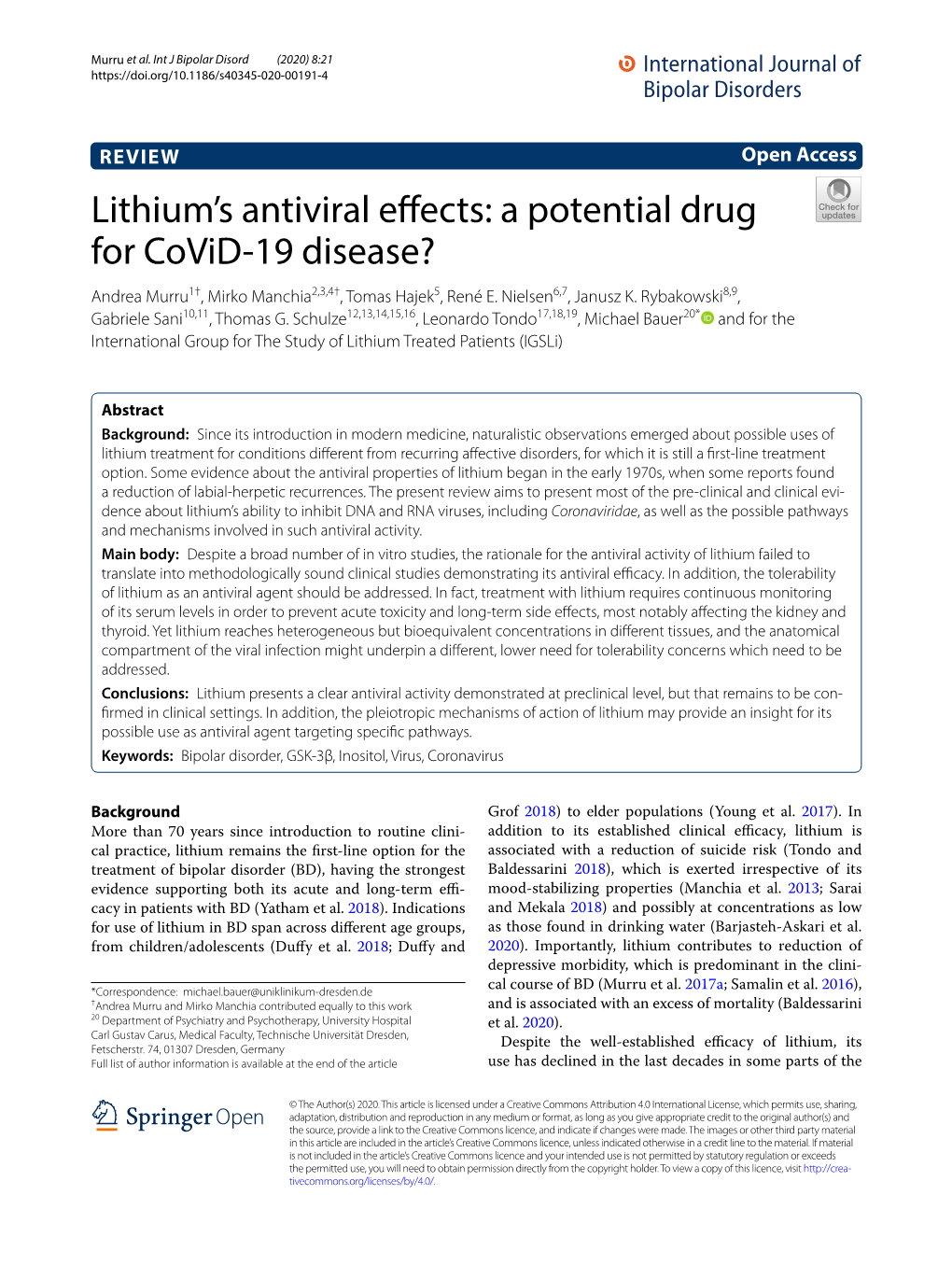 Lithium's Antiviral Effects: a Potential Drug for Covid-19 Disease?