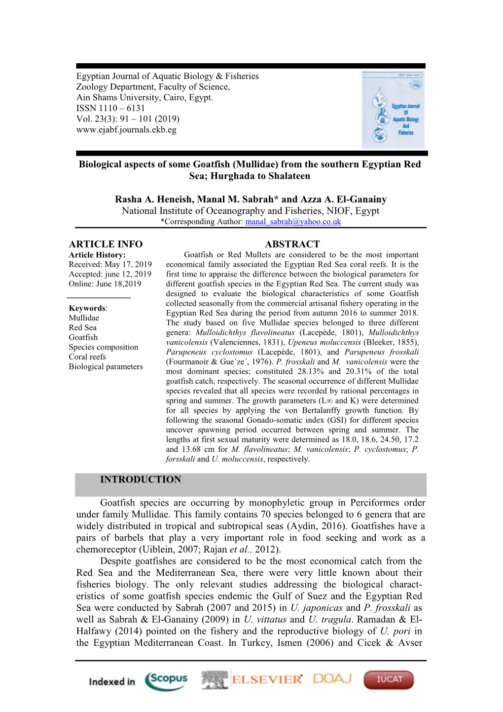 Biological Aspects of Some Goatfish (Mullidae) from the Southern Egyptian Red Sea; Hurghada to Shalateen