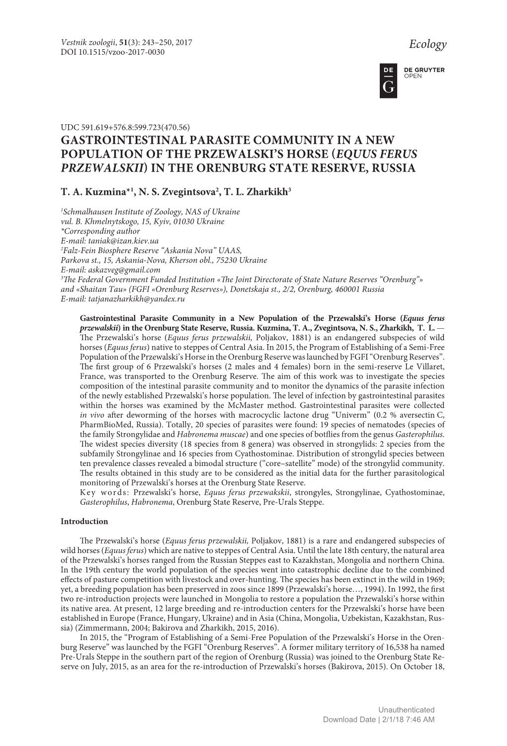 Gastrointestinal Parasite Community in a New Population of the Przewalski’S Horse (Equus Ferus Przewalskii) in the Orenburg State Reserve, Russia