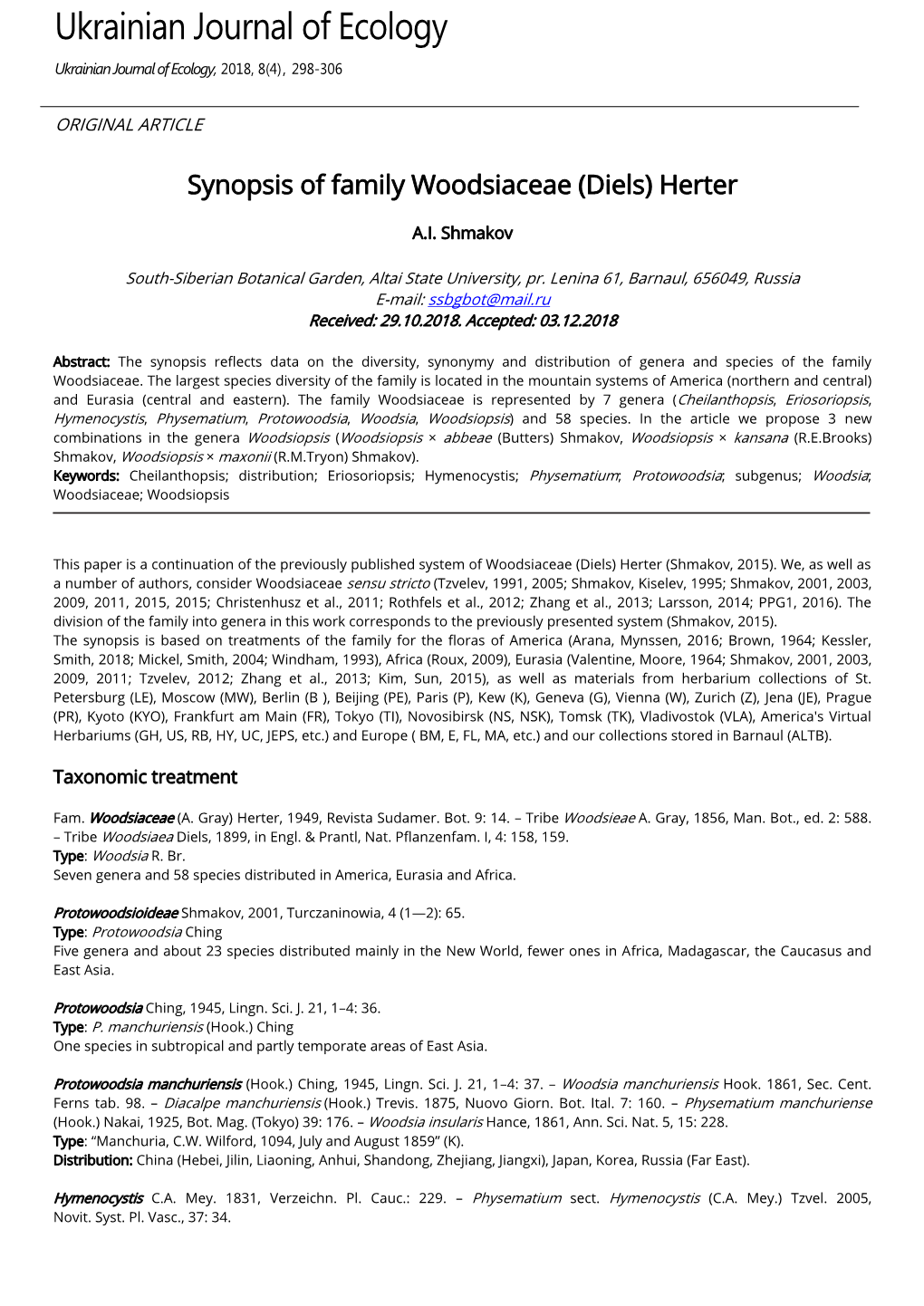 Synopsis of Family Woodsiaceae (Diels) Herter