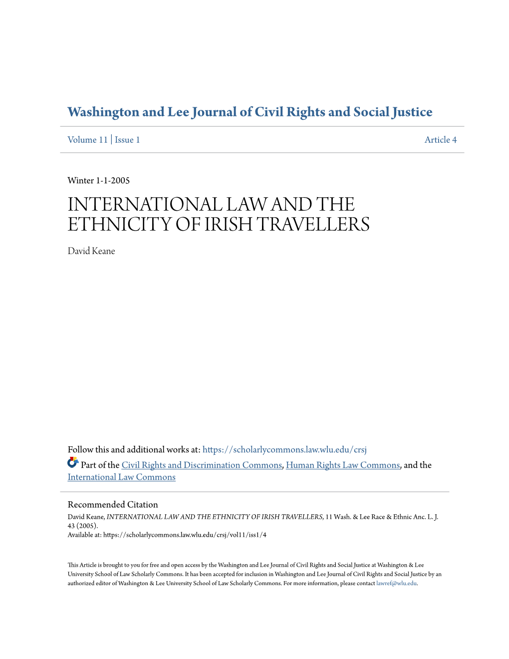 INTERNATIONAL LAW and the ETHNICITY of IRISH TRAVELLERS David Keane