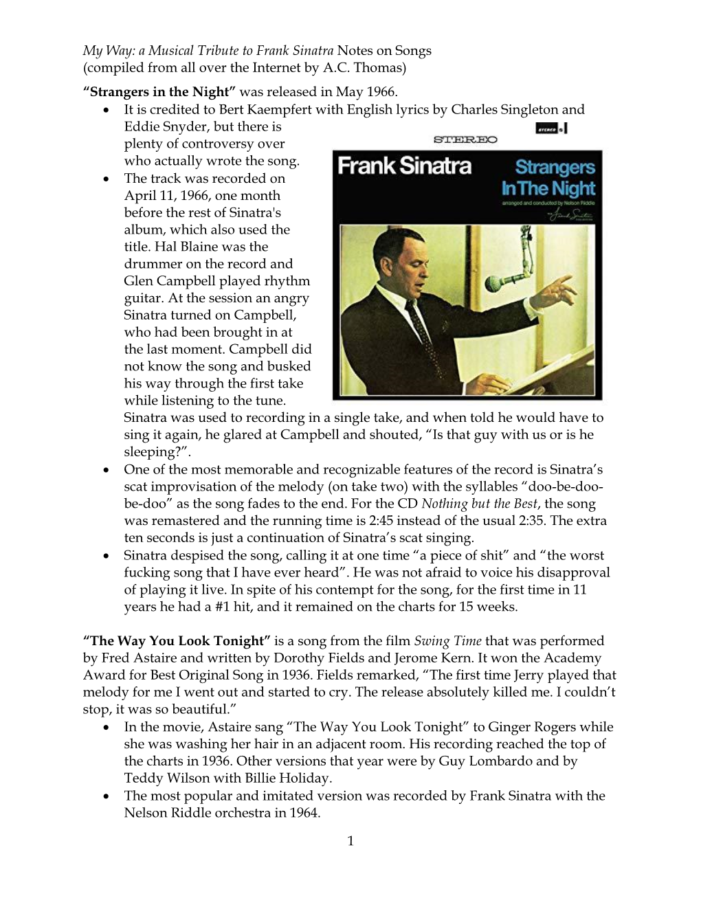 A Musical Tribute to Frank Sinatra Notes on Songs (Compiled from All Over the Internet by A.C