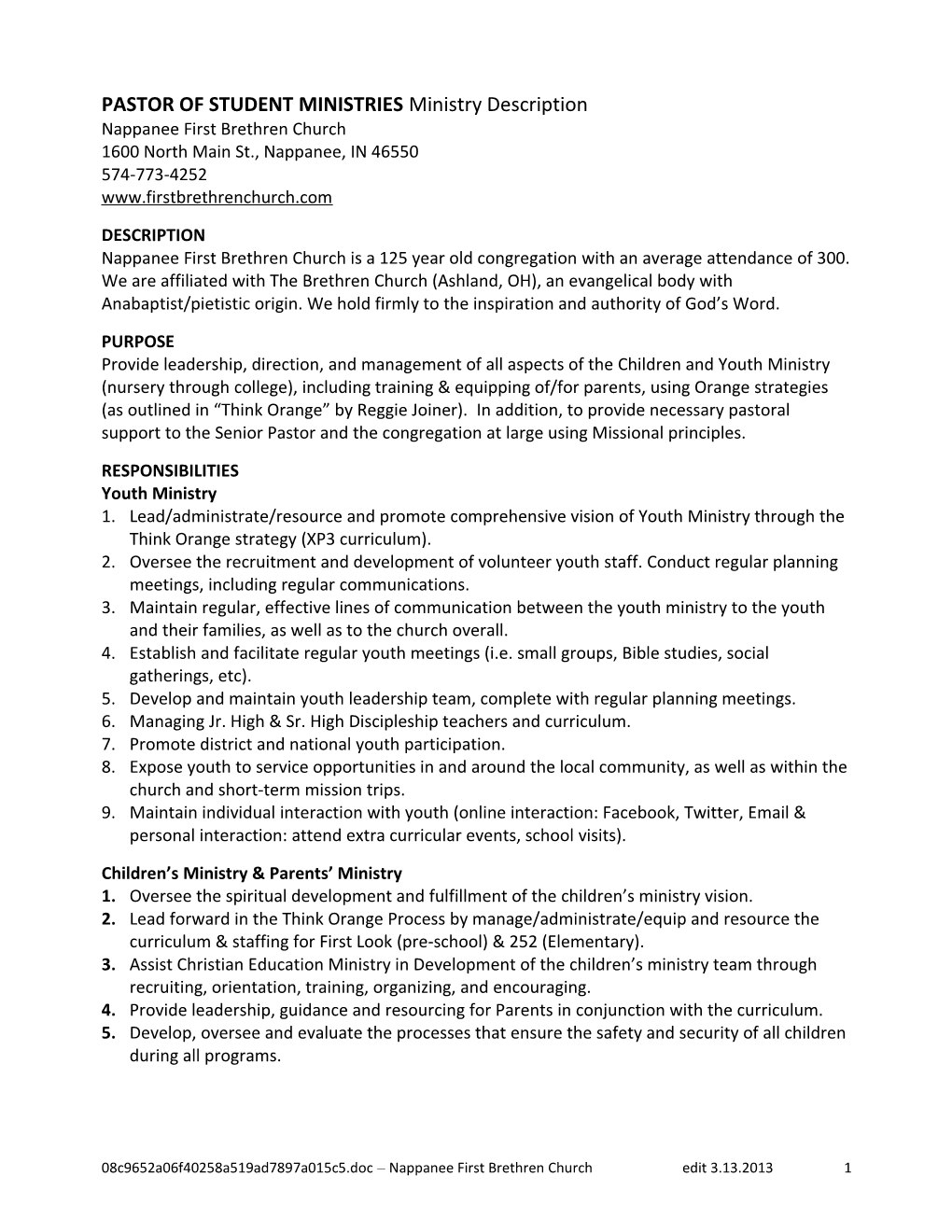 PASTOR of STUDENT MINISTRIES Ministry Description - Draft 2