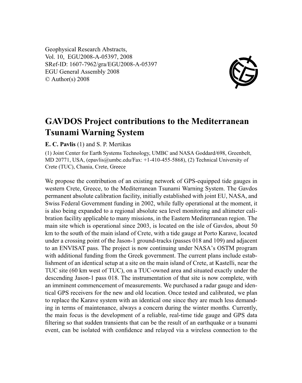 GAVDOS Project Contributions to the Mediterranean Tsunami Warning System E