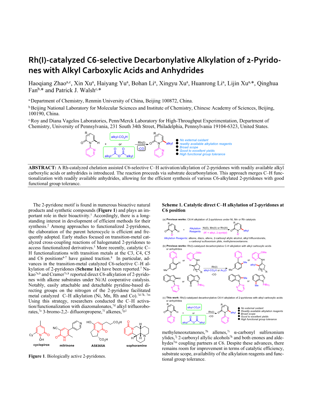 Catalyzed C6-Selective Decarbonylative Alkylation of 2-Pyrido- Nes with Alkyl Carboxylic Acids and Anhydrides