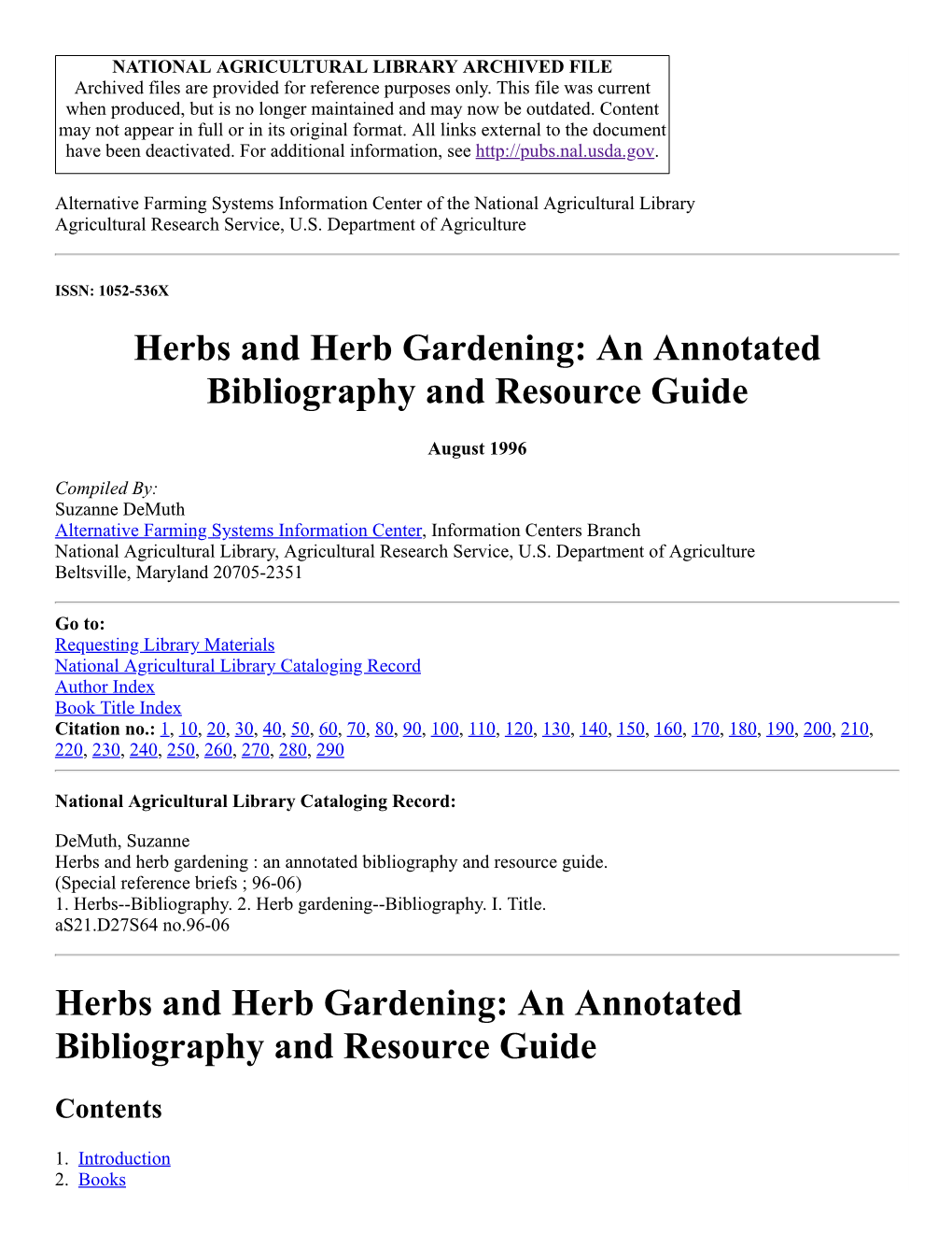 Herbs and Herb Gardening: an Annotated Bibliography and Resource Guide